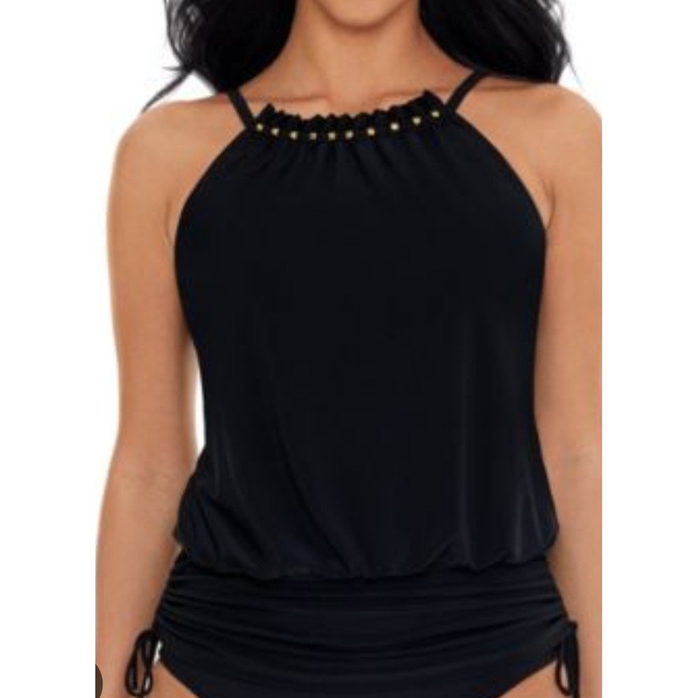 Magicsuit Babs in Boba Black Studded Halter Blouson Tankini Swim Top Size 12